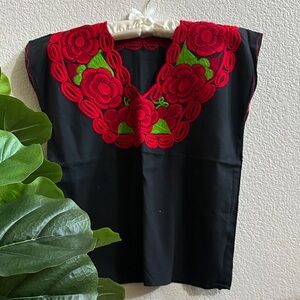 Embroidered Floral Black Women's Top with Red & Green Accents